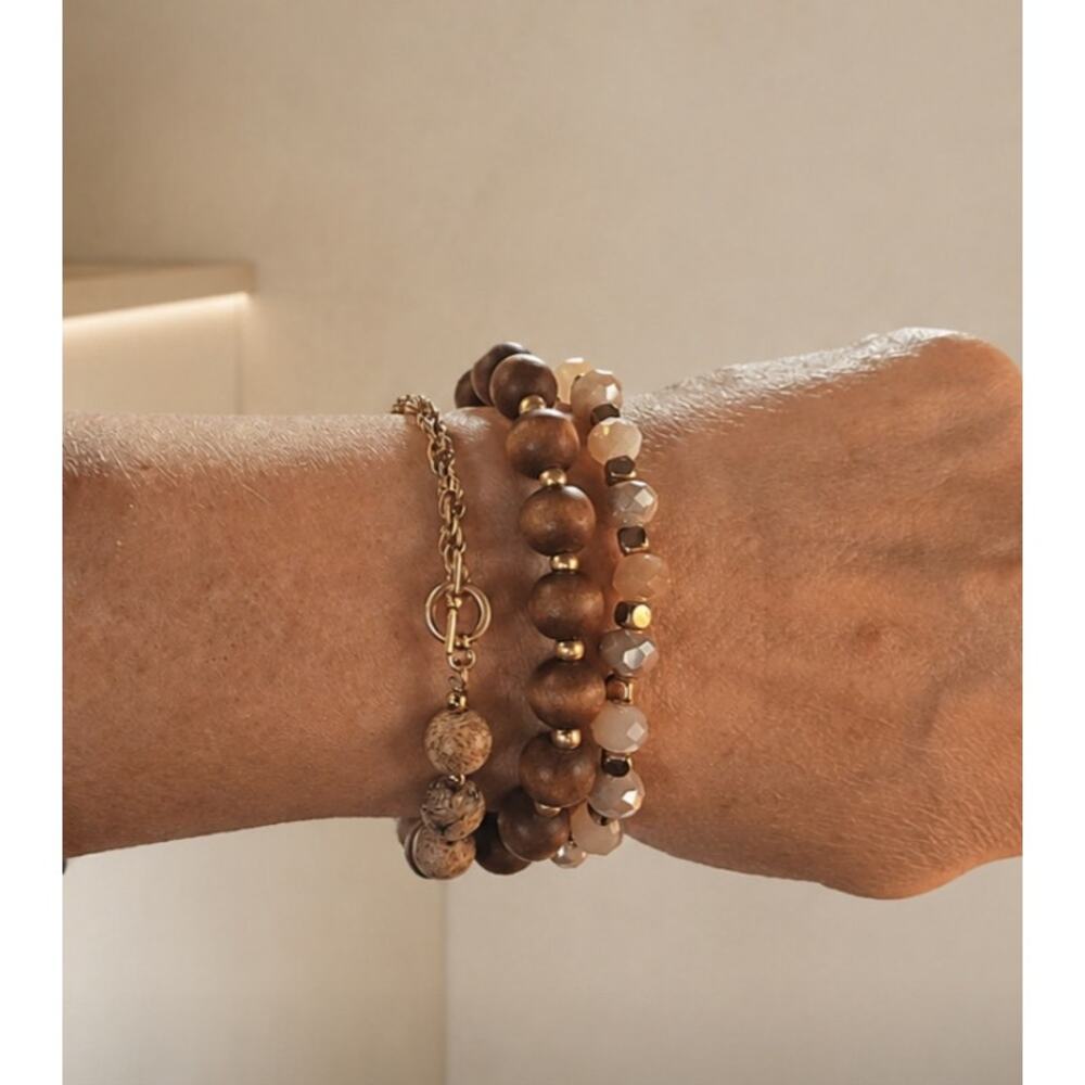 Pomina Brown Tan Stretch Beaded Bracelet Stack New